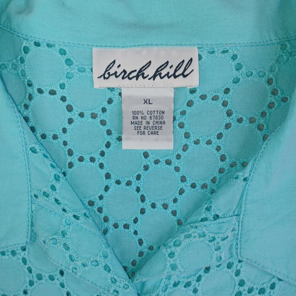Birch Hill Women Embroidered Eyelet Button Up Top XL Aqua Cotton Resort Beach - Picture 4 of 10